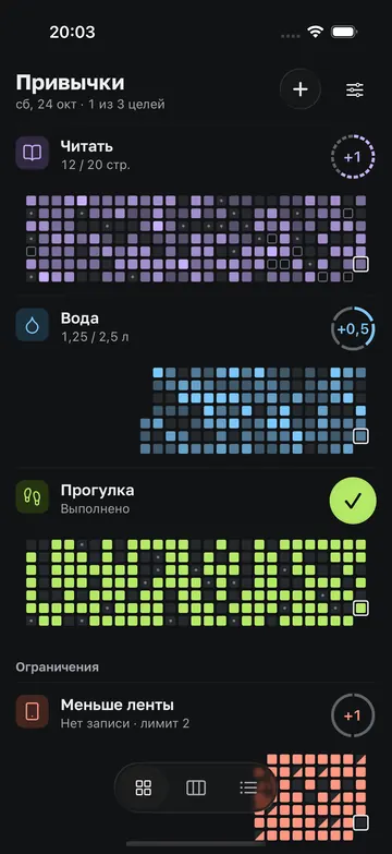 Главный экран Dailo: привычки с клетками истории